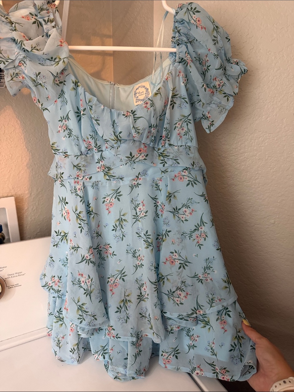 Francesca’s Light Blue Floral Ruffle Romper